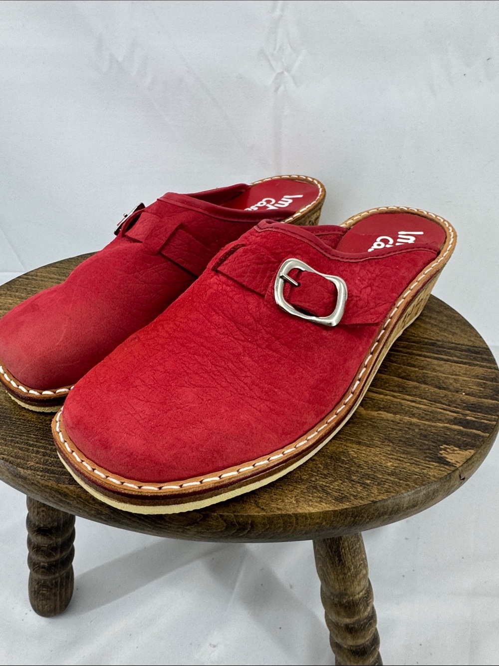 Vintage Impo Casual Womens Red Suede Cork Clogs, Made in Denmark, sz 36